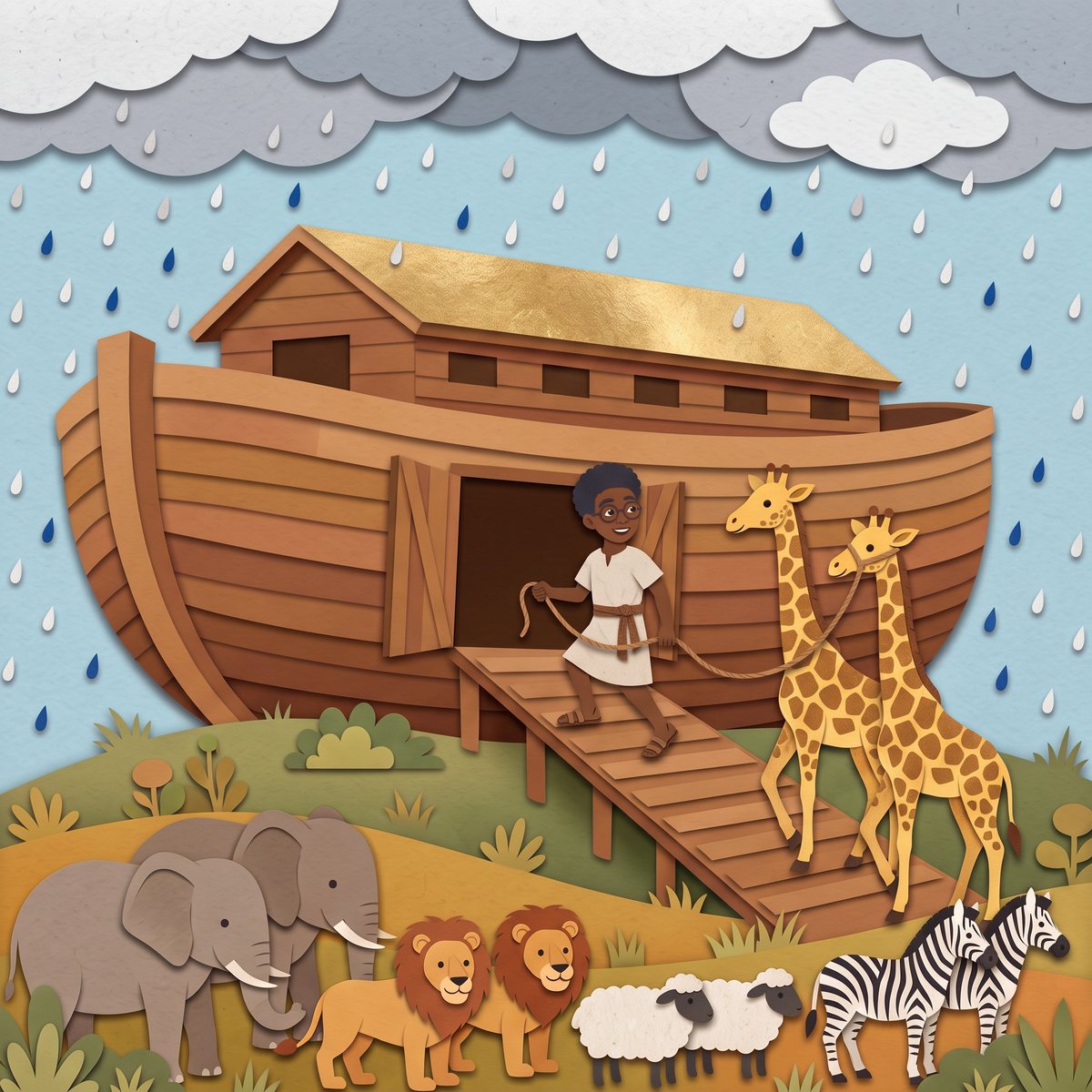 Early cover art: Rain is coming, and every animal needs to get on board, two by two. Your child helps Noah's family fill the ark.